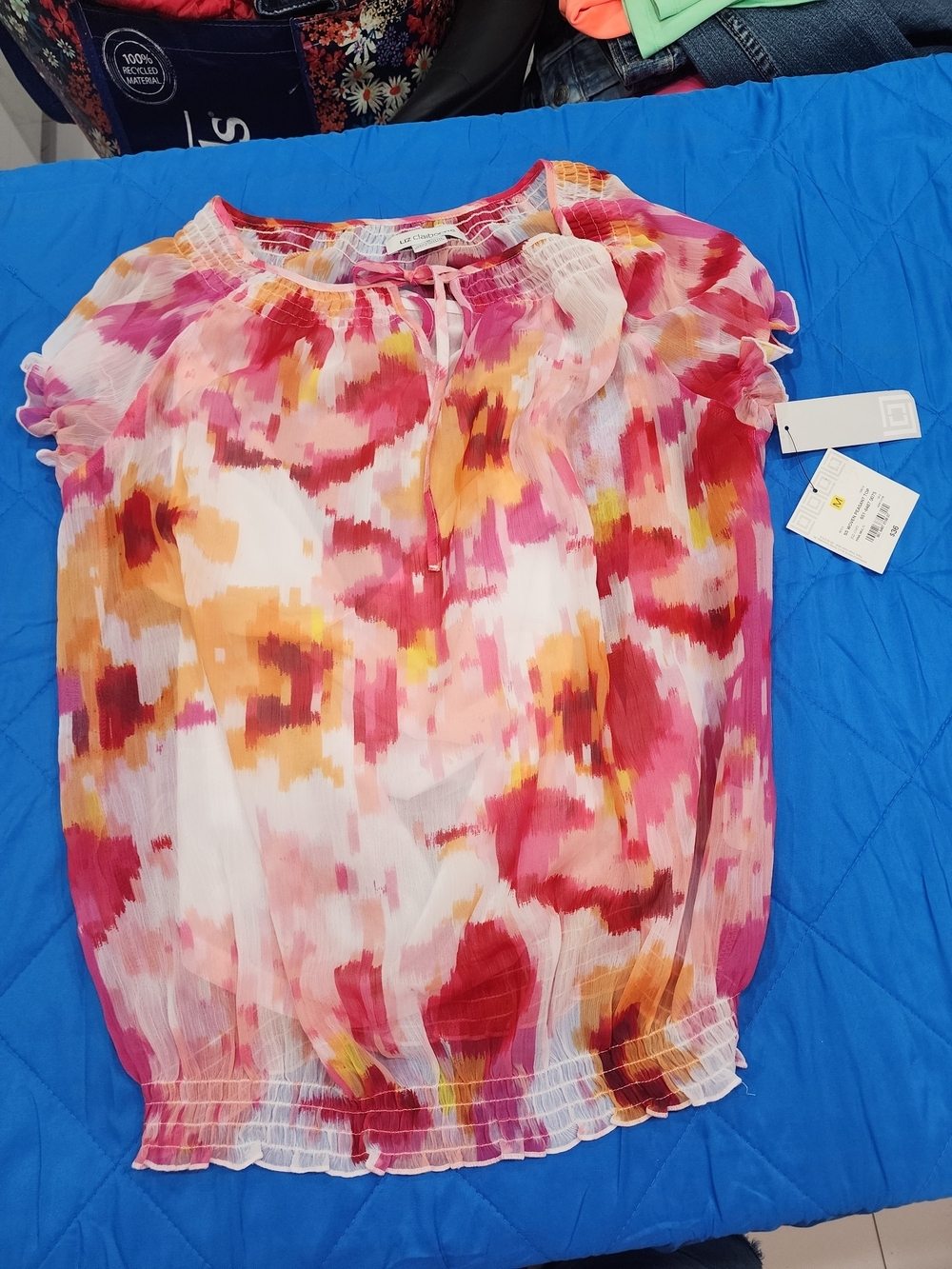 Liz Claiborne Multi-Color Watercolor Tie-Neck Blouse